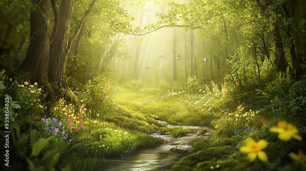 Obraz premium A tranquil stream flows through a sunlit forest filled with wildflowers and fluttering butterflies during a serene afternoon