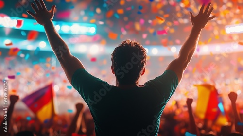 A man celebrates a goal amid cheering fans, confetti, and bright lights, embodying thrilling energy!