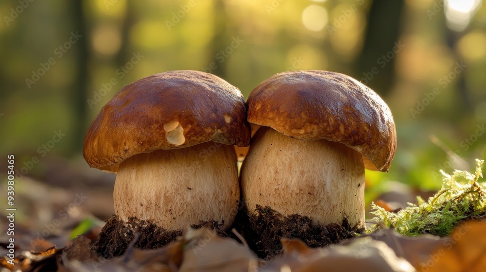 A close-up view of two incredible edible mushrooms, Boletus reticulatus, also called summer ceps. background blurring combined with copy space. Europe's Czech Republic A close-up view of two incredible edible mushrooms, Boletus reticulatus, also called summer ceps. background blurring combined with copy space. Europe's Czech Republic