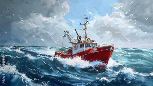 Fishing Boat on the High Seas Oil on Canvas Illustration Vast Ocean Expanses Deep Blue Waters Rolling Waves Under Cloudy Sky Weathered Fishing Vessel at the Center Strong Winds