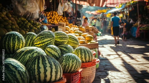 A lively market displays vibrant goyas, with vendors promoting fresh offerings amid chatter and spices. photo