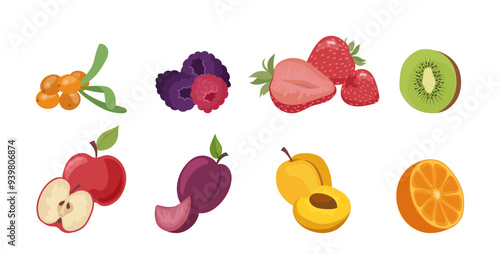Different fresh ripe organic natural fruits and berries cartoon set isolated on white background