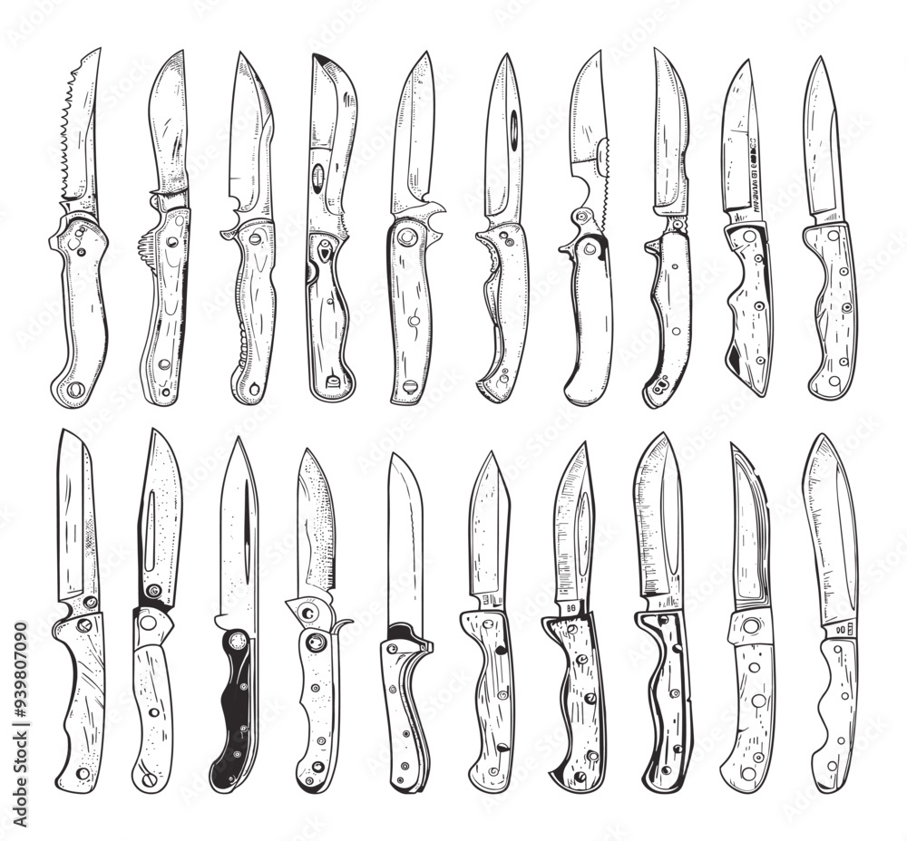 Folding Knives Icon Set Vector Line Drawing Old Woodcut Style Detailed Knife Illustrations Vintage Folding Blades Engraved Knife Designs Classic Woodcut Art Knife Icons Handcrafted Folding Knives Icon Set Vector Line Drawing Old Woodcut Style Detailed Knife Illustrations Vintage Folding Blades Engraved Knife Designs Classic Woodcut Art Knife Icons Handcrafted