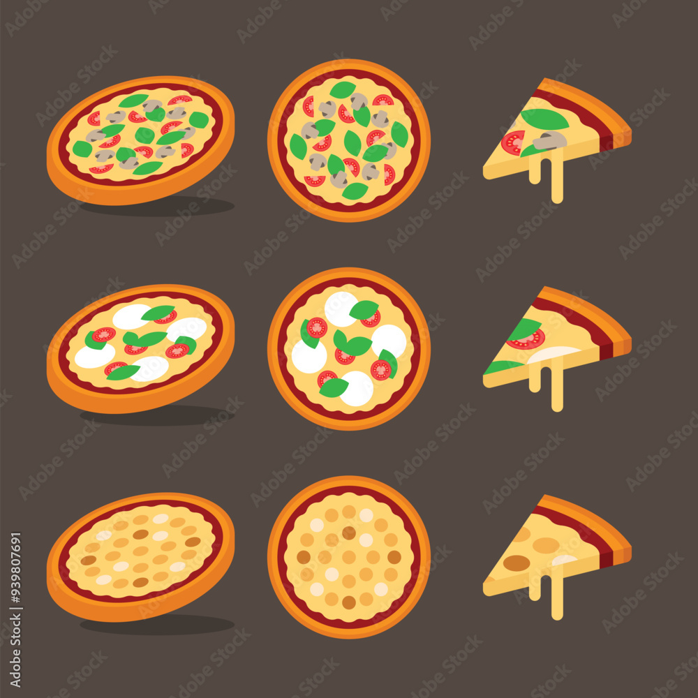 Set of different pizzas top view set, slice of pizza isolated on white background, mushroom pizza, Margarita pizza,Italian Four Cheese pizza, isolated set collection, simple flat vector illustrations. Set of different pizzas top view set, slice of pizza isolated on white background, mushroom pizza, Margarita pizza,Italian Four Cheese pizza, isolated set collection, simple flat vector illustrations.