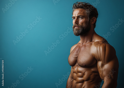 bodybuilder man on solid color background. gym or health concept. Space for text