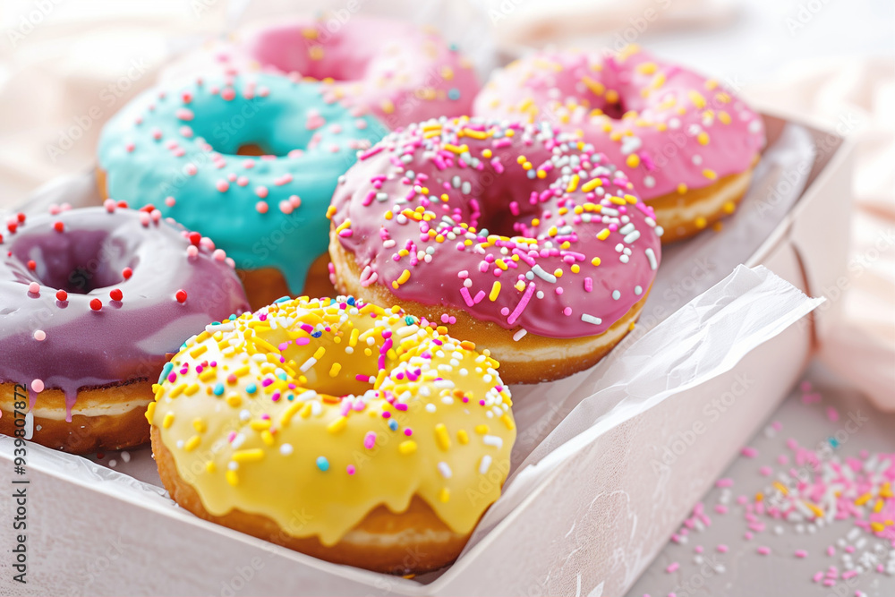 Colorful Donuts in a Box with Sprinkles. Delightful Sweet Treats for Every Occasion. Vibrant Pastries Perfect for Celebrations and Desserts Colorful Donuts in a Box with Sprinkles. Delightful Sweet Treats for Every Occasion. Vibrant Pastries Perfect for Celebrations and Desserts