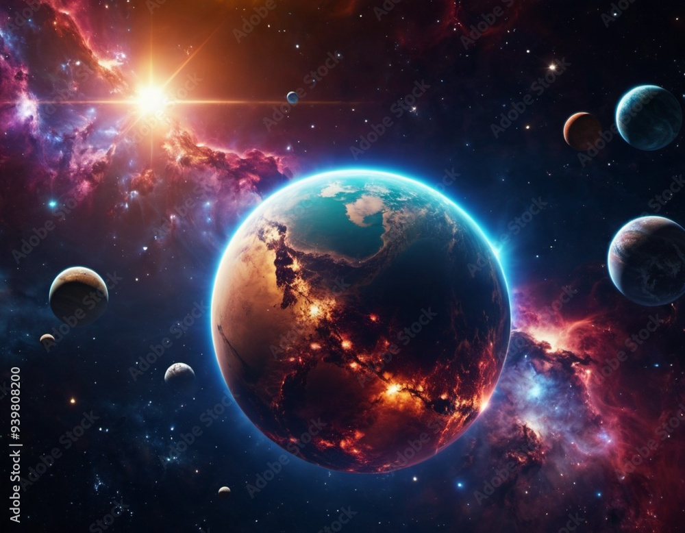Obraz premium Planetary system with multiple planets, large brightly colored gas giant and a rocky planet. Bright stars and a vast expanse of dark space with a galaxy in background. Space spaces. Cosmonautics. AI