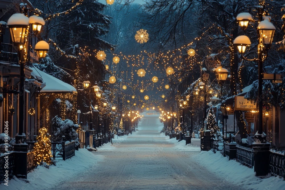 Beautifully decorated street with New Year's lights and snow in the evening Beautifully decorated street with New Year's lights and snow in the evening