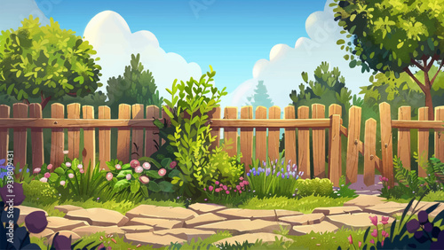 Garden Backyard Wooden Fence Environment Cartoon Illustration Lush Green Grass Flower Beds Wooden Fence Garden Pathway Potted Plants Outdoor Seating Area Cozy Garden Retreat