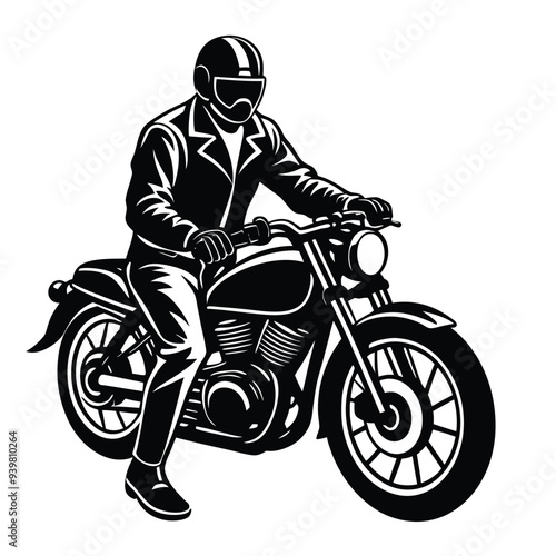 Biker Riding Motorcycle Silhouette Vector, Motorbike Rider Clipart for Design, Black and White Biker Icon, Perfect for Automotive, Adventure, and Sports-Themed Graphics, Motorcycle Rider Illustration