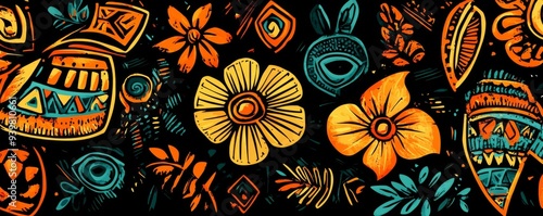 Abstract Floral Pattern with Geometric Shapes in Orange, Yellow, and Teal, digital art, illustration, pattern design, floral photo