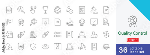 Quality Control editable line stroke icon style. containing testing, verification, validation, process control, quality management, defect detection and more icon collection 