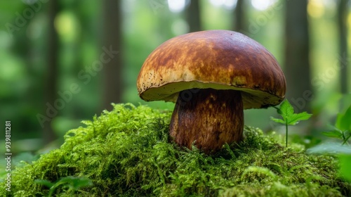 Low angle view of a wild Cep mushroom growing on lush green moss in a forest. Boletus edulis, sometimes referred to as Penny-bun, Porcino, or Cep