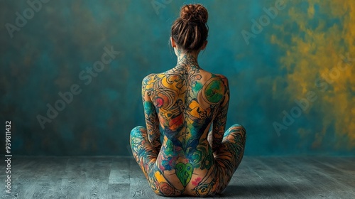 A woman sitting in a yoga pose with her back covered in tattoos. photo