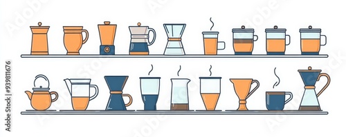 Coffee Brewing Equipment Collection Line Art Illustration, Orange and Blue, 14 items, Coffee Making, Coffee ,Coffee Accessories, Brewing