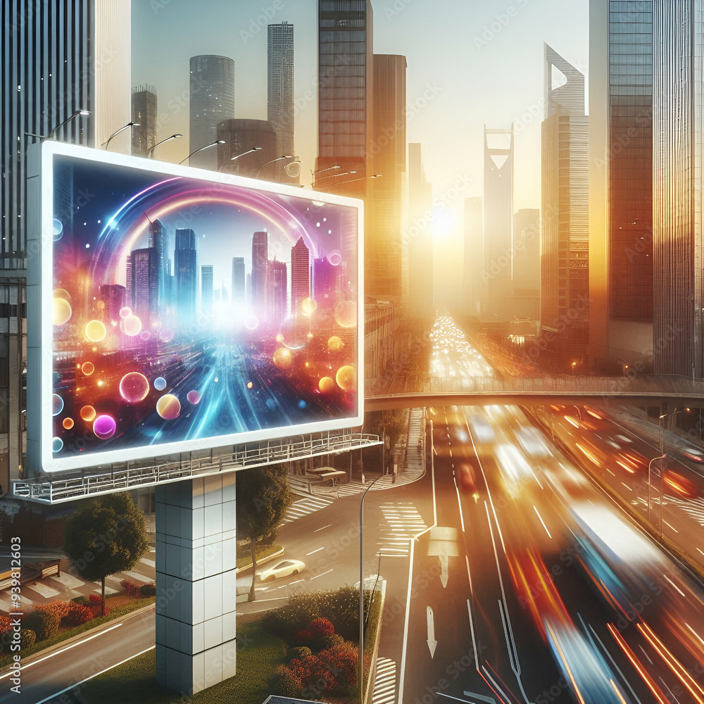 Towering Bright Vibrant Outdoor Industrial City Roadside Billboard Frame in Urban Landscape with Open Canvas for Creativity and Advertising Promotion Mockup or Marketing Presentation on a Summer Night Towering Bright Vibrant Outdoor Industrial City Roadside Billboard Frame in Urban Landscape with Open Canvas for Creativity and Advertising Promotion Mockup or Marketing Presentation on a Summer Night