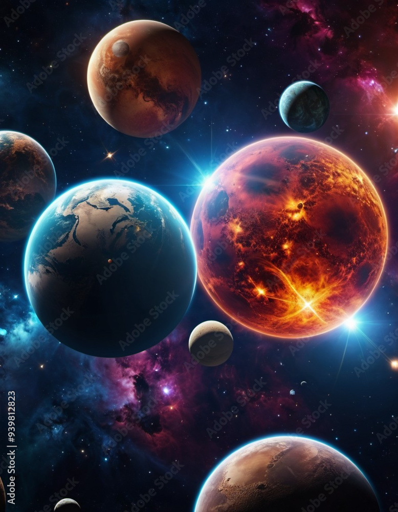 Fototapeta premium Planetary system with multiple planets, large brightly colored gas giant and a rocky planet. Bright stars and a vast expanse of dark space with a galaxy in background. Space spaces. Cosmonautics. AI
