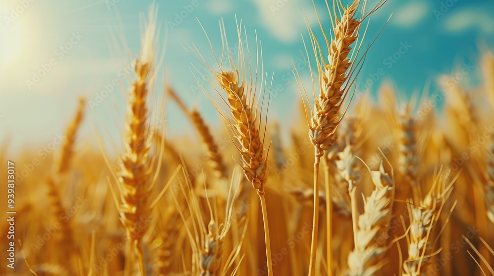 Golden grains flourishing in a field under a clear blue sky Cereal plants Wheat heads in early summer Vital staple crops Golden grains flourishing in a field under a clear blue sky Cereal plants Wheat heads in early summer Vital staple crops
