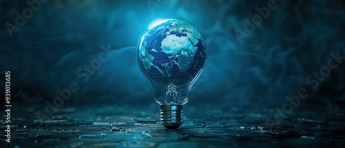 Abstract blue light bulb with planet Earth inside