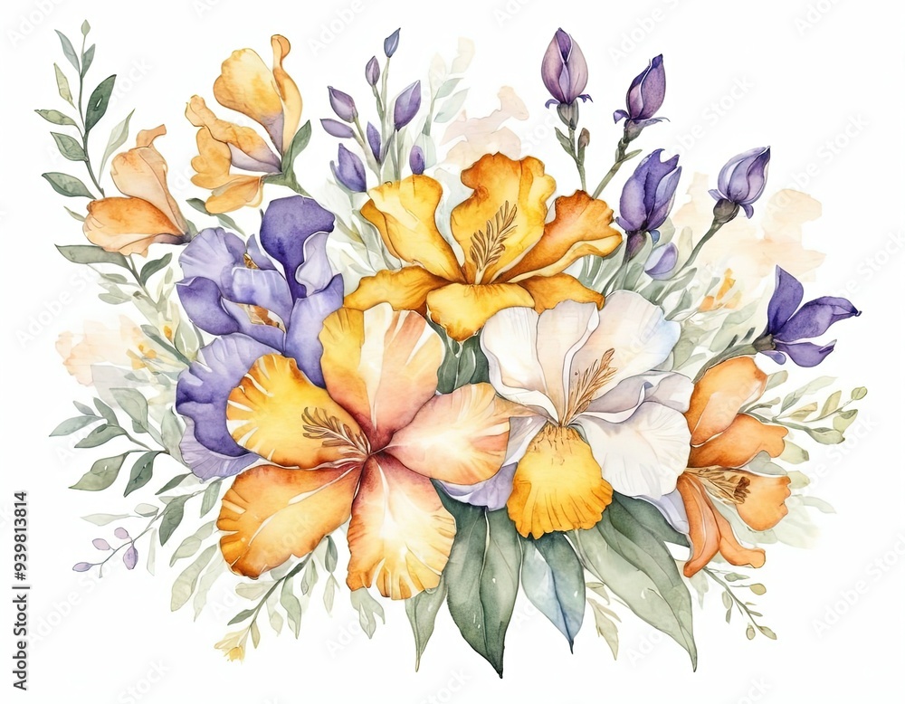 Obraz premium Watercolor painting of yellow, white, and purple flowers with green leaves on white background.
