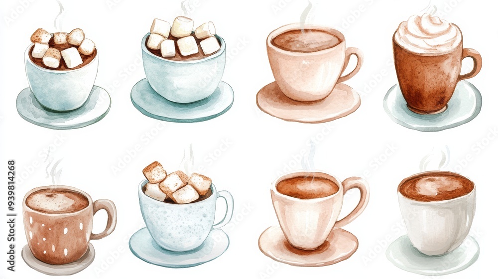 Fototapeta premium Hot cacao and marshmallows. White background. Watercolor illustrations set