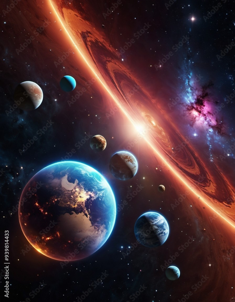 Obraz premium Planetary system with multiple planets, large brightly colored gas giant and a rocky planet. Bright stars and a vast expanse of dark space with a galaxy in background. Space spaces. Cosmonautics. AI