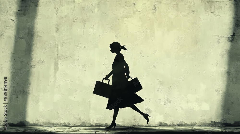 Silhouette of a Woman Walking with Suitcases Against a Textured Wall, Silhouette, Woman, Suitcases Silhouette of a Woman Walking with Suitcases Against a Textured Wall, Silhouette, Woman, Suitcases