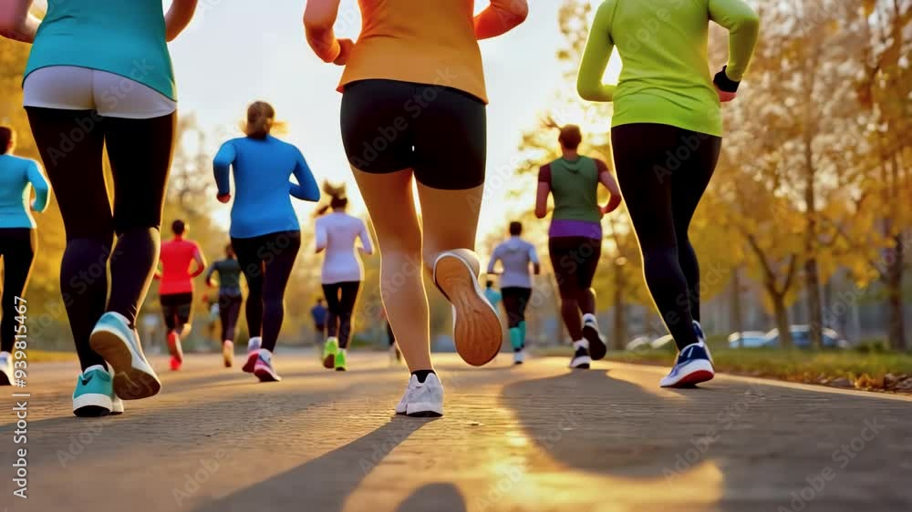 A group of runners is enjoying a vibrant autumn morning as they jog through a sunlit park path filled with fallen leaves.