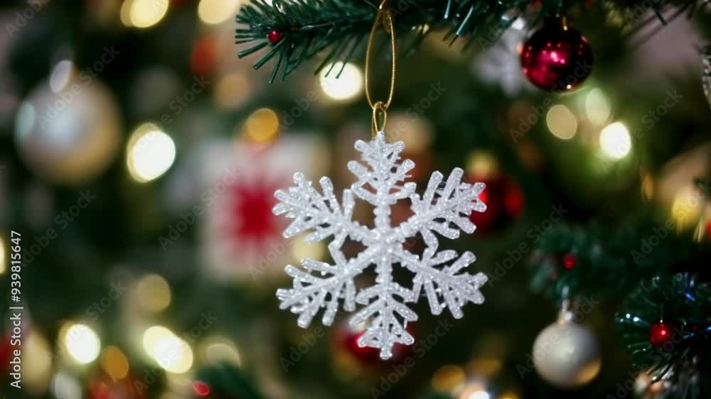 A delicate snowflake ornament glimmers on the Christmas tree surrounded by vibrant holiday lights and decorations. A delicate snowflake ornament glimmers on the Christmas tree surrounded by vibrant holiday lights and decorations.