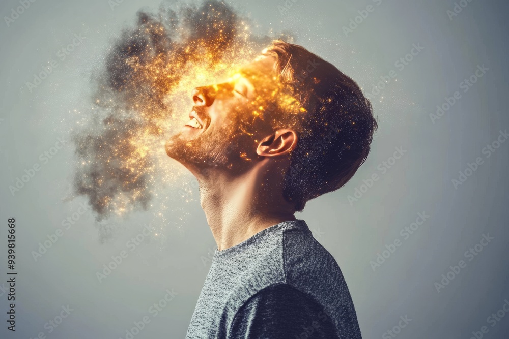 Man exhaling fiery energy from his mind symbolizing intense creativity passion and the explosive force of innovative thought in a visually powerful image Man exhaling fiery energy from his mind symbolizing intense creativity passion and the explosive force of innovative thought in a visually powerful image