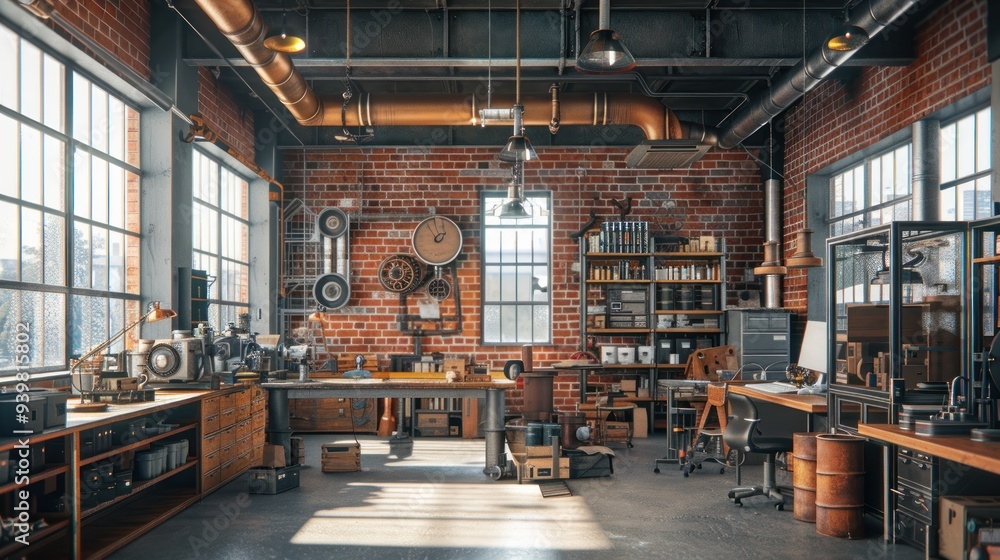 An industrial-themed office with exposed brick walls, metal pipes, and vintage machinery. An industrial-themed office with exposed brick walls, metal pipes, and vintage machinery.