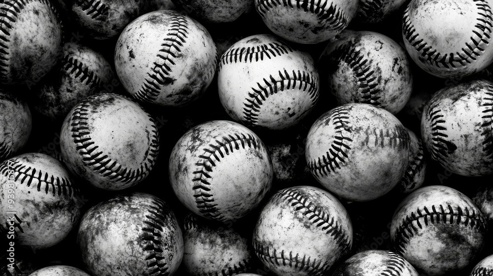Worn and Weathered Baseball Pile, Black and White Photography, Close-up, Baseball, Sport, Texture Worn and Weathered Baseball Pile, Black and White Photography, Close-up, Baseball, Sport, Texture