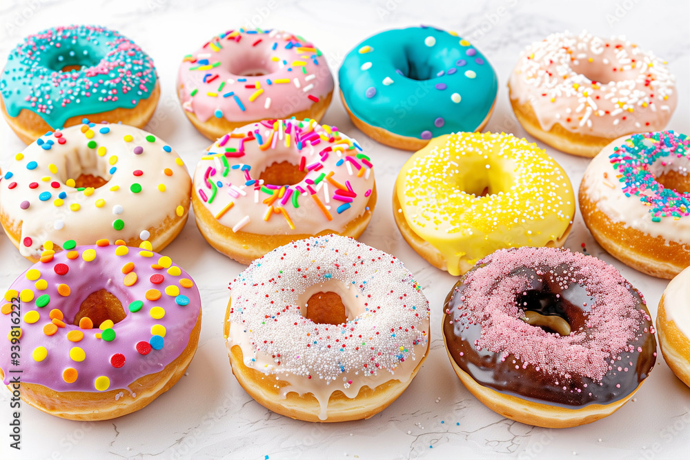Colorful Donuts with Frosted Pastries Displayed. Vibrant Sprinkled Donuts and Flavored Pastries in a Delicious Arrangement Colorful Donuts with Frosted Pastries Displayed. Vibrant Sprinkled Donuts and Flavored Pastries in a Delicious Arrangement