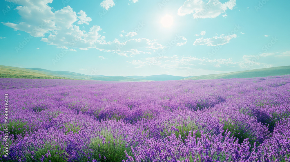 lavender field stretches across the bottom, with a wide open sky above and ample space for text lavender field stretches across the bottom, with a wide open sky above and ample space for text