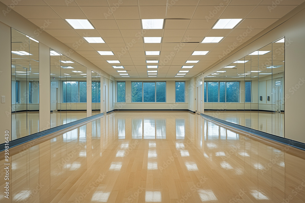 Interior design dance studio with empty space for work out, Perspective view of dance room with mirror. Interior design dance studio with empty space for work out, Perspective view of dance room with mirror.