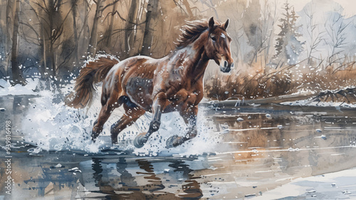 Horse Running Down Winter River Watercolor Illustration Majestic Scene Galloping Horse Frozen River Snowy Landscape Winter Beauty Dynamic Movement Ice Crystals Gentle Breeze Snow