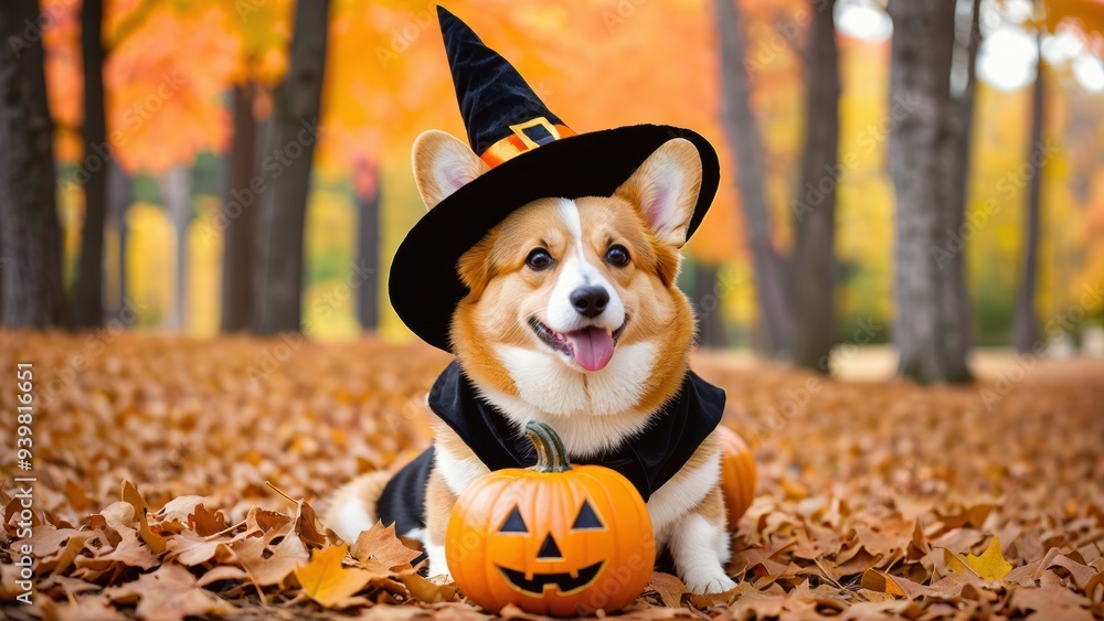 Corgi dog in a witch costume surrounded by pumpkins in autumn park
