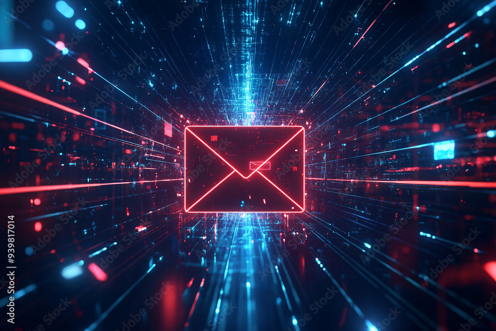 A bright, glowing envelope travels through a digital tunnel, symbolizing the fast and secure delivery of online messages A bright, glowing envelope travels through a digital tunnel, symbolizing the fast and secure delivery of online messages