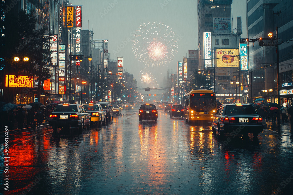Fototapeta premium Walking street with chinese lantern in the rain, Landscape view nightlife walking street with puddle, China town with warm light lantern decorative, Jam traffic walking street in raining.