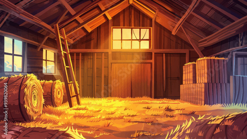 Interior Of A Rustic Barn Featuring Stacks Of Hay Sheaves Wooden Ladder Leading To The Roof And Empty Wooden Crates Arranged Around The Space Illustrated In Detailed Cartoon Style