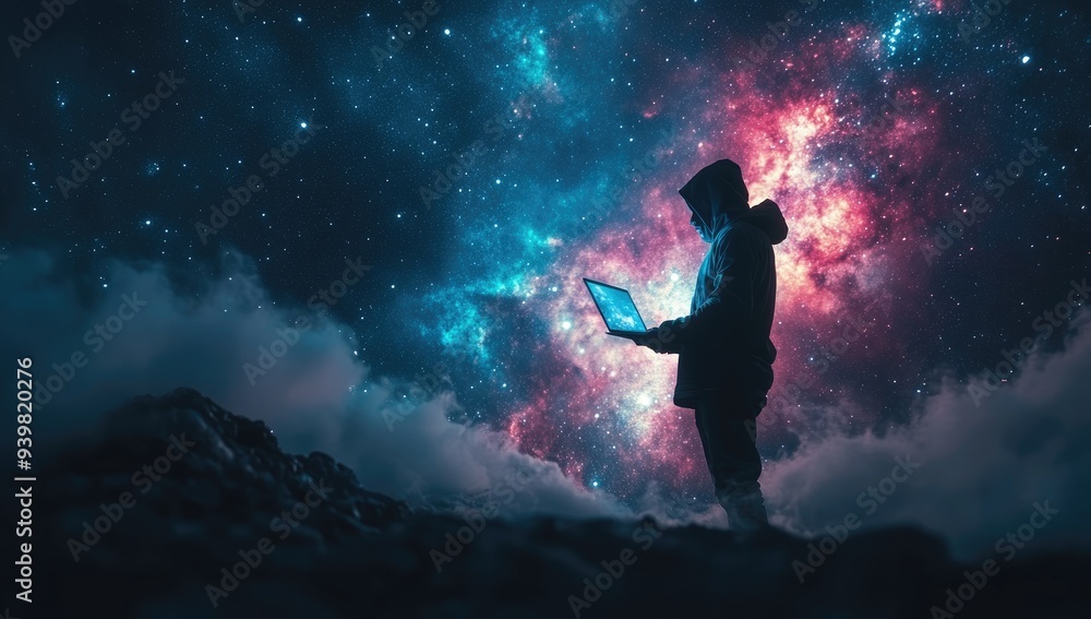 Silhouette of a person with a laptop against a star-filled night sky Silhouette of a person with a laptop against a star-filled night sky