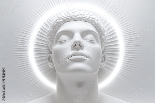 Serene depiction of a meditative figure with a glowing halo symbolizing inner peace spirituality and the connection between mind and energy in a minimalist modern aesthetic