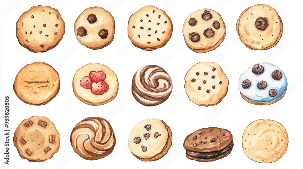 Cookies set. White background. Watercolor illustrations Cookies set. White background. Watercolor illustrations