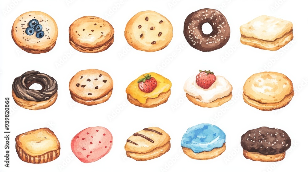 Cookies set. White background. Watercolor illustrations Cookies set. White background. Watercolor illustrations