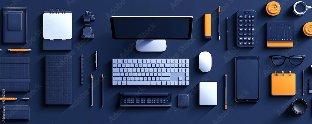 Flat lay of modern office supplies including computer, smartphone, and stationery Flat lay of modern office supplies including computer, smartphone, and stationery