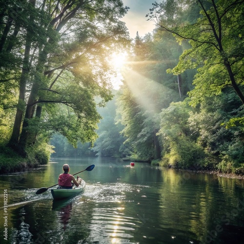 A young woman kayaking on a calm river surrounded by tall trees and greenery, with the sun shining brightly 