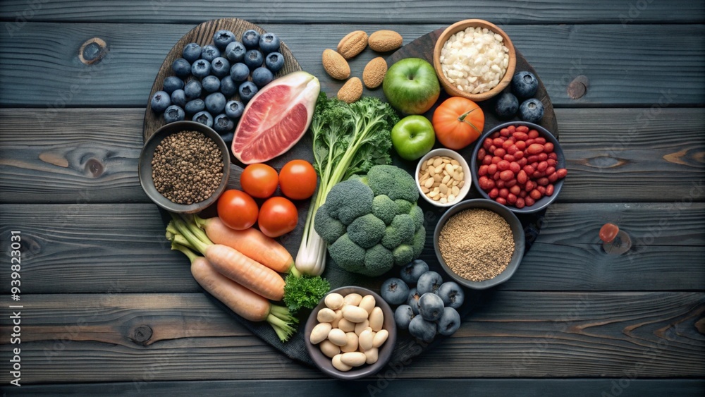 The image features a variety of healthy foods arranged in the shape of a heart on a wooden surface The image features a variety of healthy foods arranged in the shape of a heart on a wooden surface