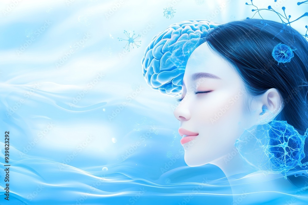 Woman Submerged in Water with Glowing Brain Symbolizing the Connection Between Mental Clarity and Emotional Depth Woman Submerged in Water with Glowing Brain Symbolizing the Connection Between Mental Clarity and Emotional Depth