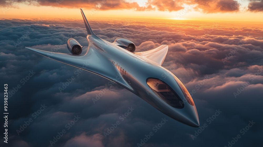 Fototapeta premium A futuristic concept jet flying above the clouds during sunset, representing advanced aerospace engineering and innovative aircraft design.