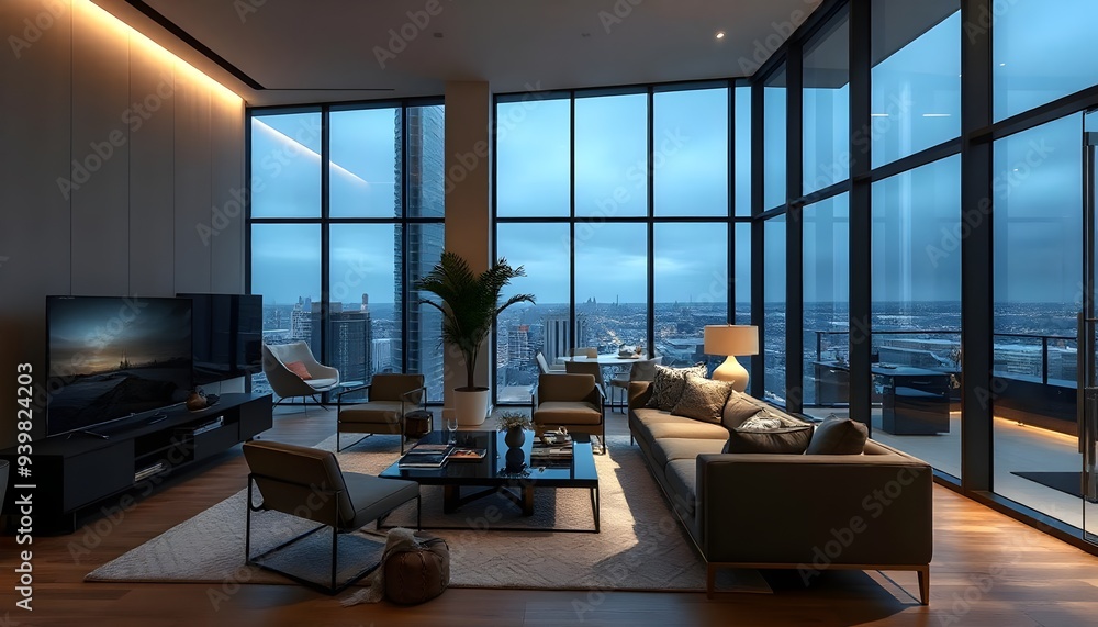 Modern luxury penthouse living room with large windows with perfect Zoom background. Concept Modern Living Room, Penthouse Design, Large Windows, Zoom Background, house, created with generative ai